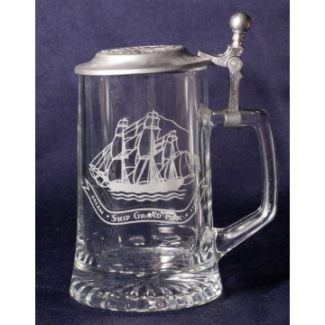 Photo 1 of German Beer Stein Old Spice Salem Ship Grand Turk 1786 Glass w/ Pewter Lid ALWE