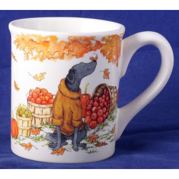 Lovely Dog Enjoying Autumn Scene with Fruit Baskets by Sherri Baldwin Coffee Mug